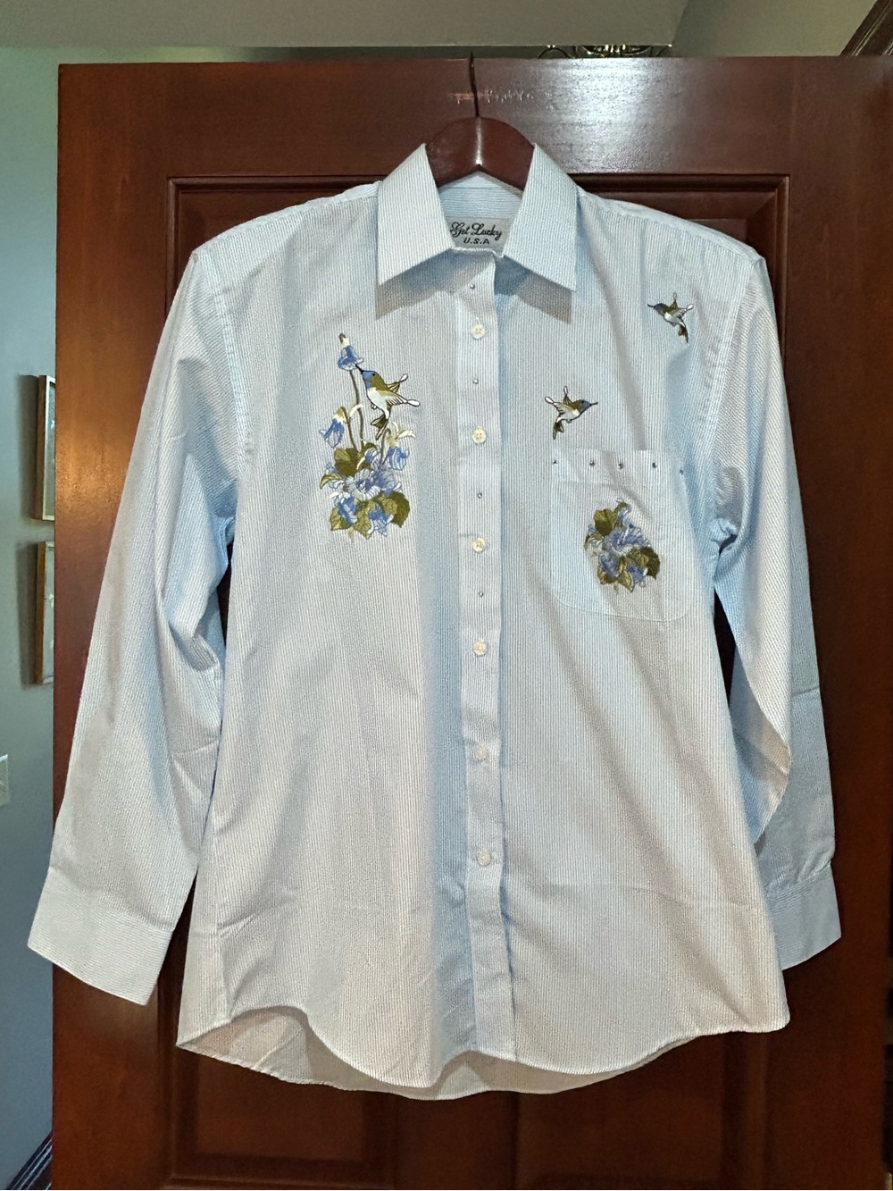 Vintage Get Lucky U.S.A. Hummingbird Floral Striped Button Up M